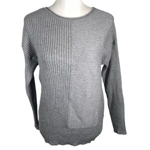 Tahari Gray Round Neck Ribbed Tight Knit 3/4 Sleeve Pullover Sweater M